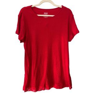 Jou Jou Ribbed Short Sleeve Top Women 2X Slit Lace Hem Red Cozy Knit Fall Comfy